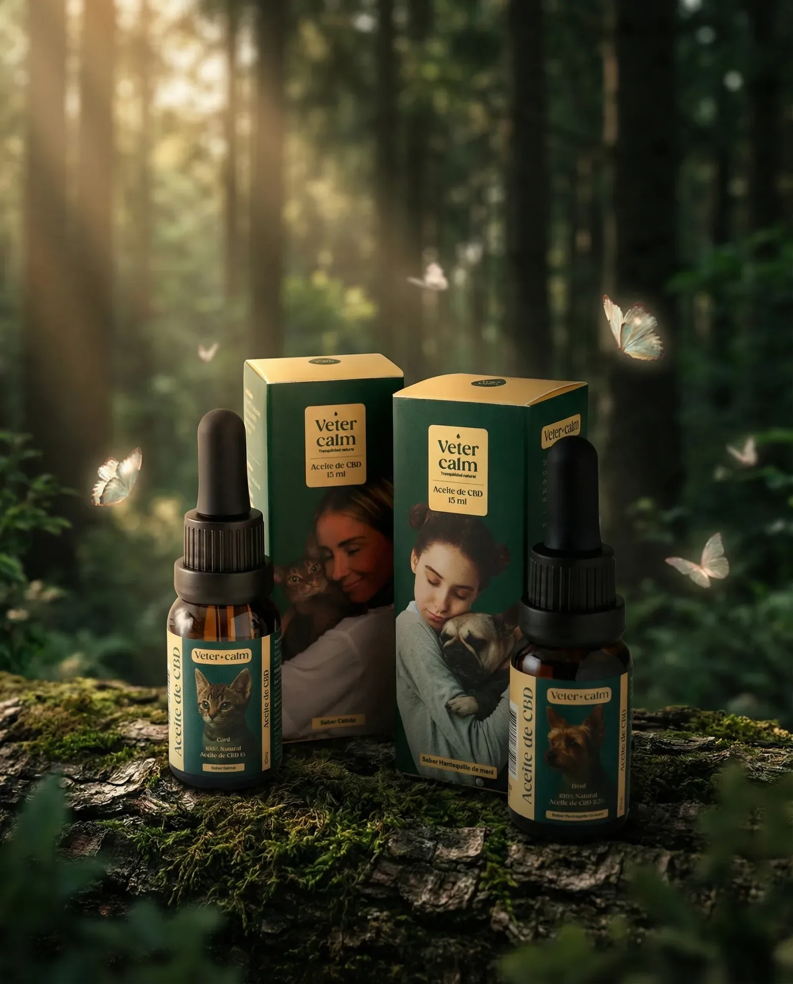 Two Vetercalm bottles with their boxes on a moss-covered log in a blurred forest with delicate butterflies