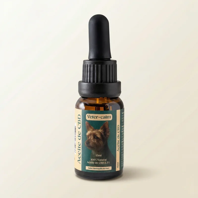 Vetercalm bottle for dogs with kraft label and dog illustration