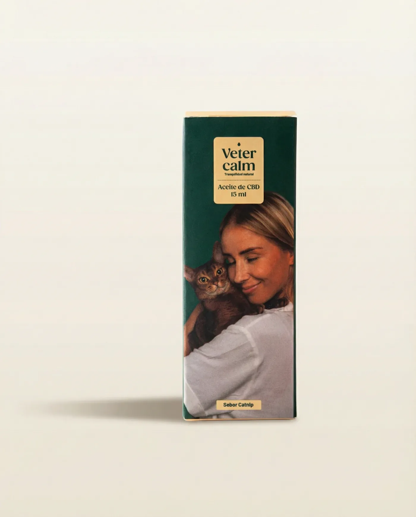 Vetercalm Cats box with a blonde woman hugging an Abyssinian cat, editorial photography on cream background