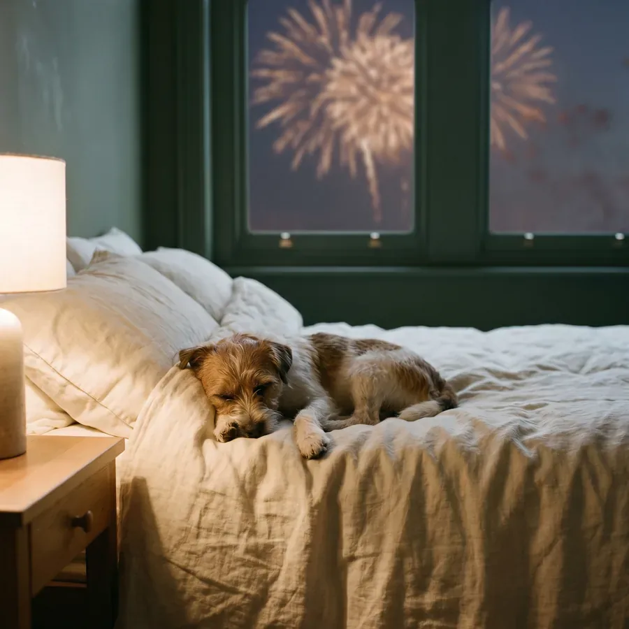 Small dog resting on a cream blanket with soft fireworks visible in the background