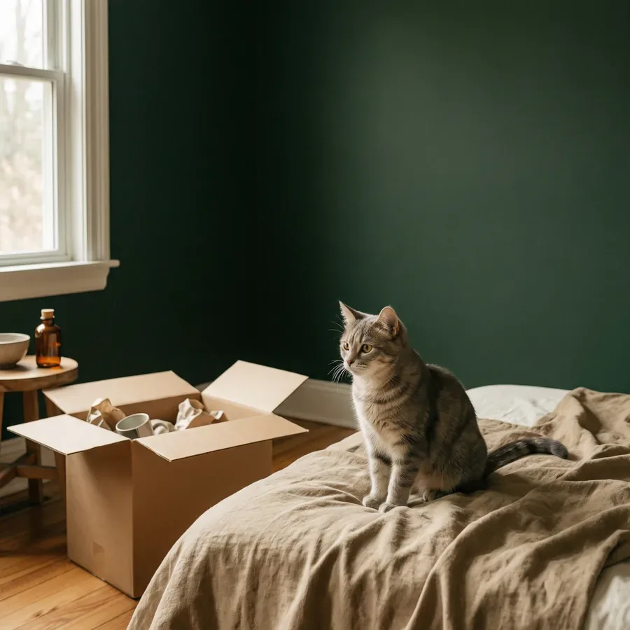 Cat calmly observing a moving box in a bright new room