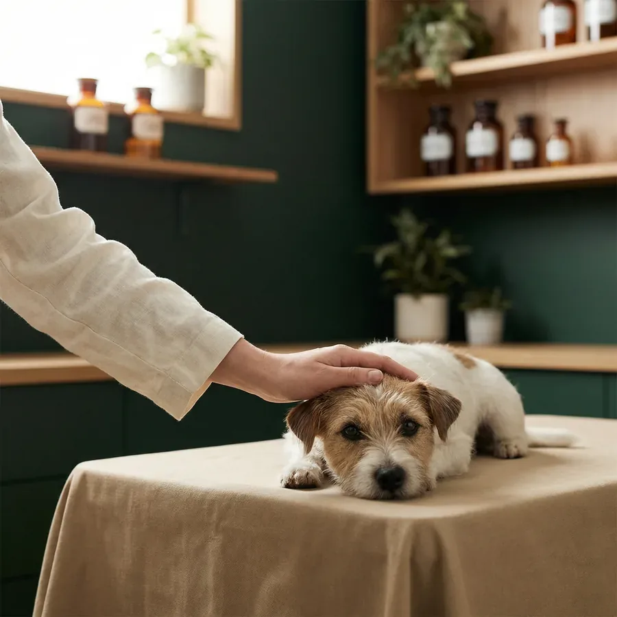 Vet's hand resting gently on a small dog on an exam table