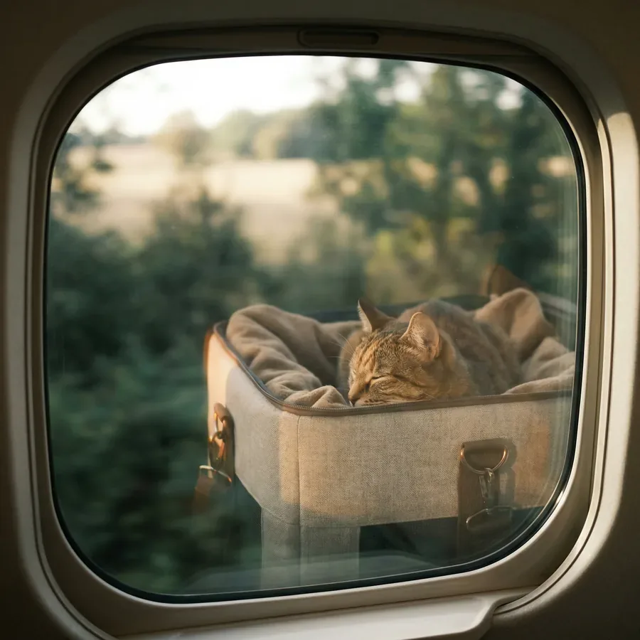 Calm cat inside a fabric carrier looking out the car window