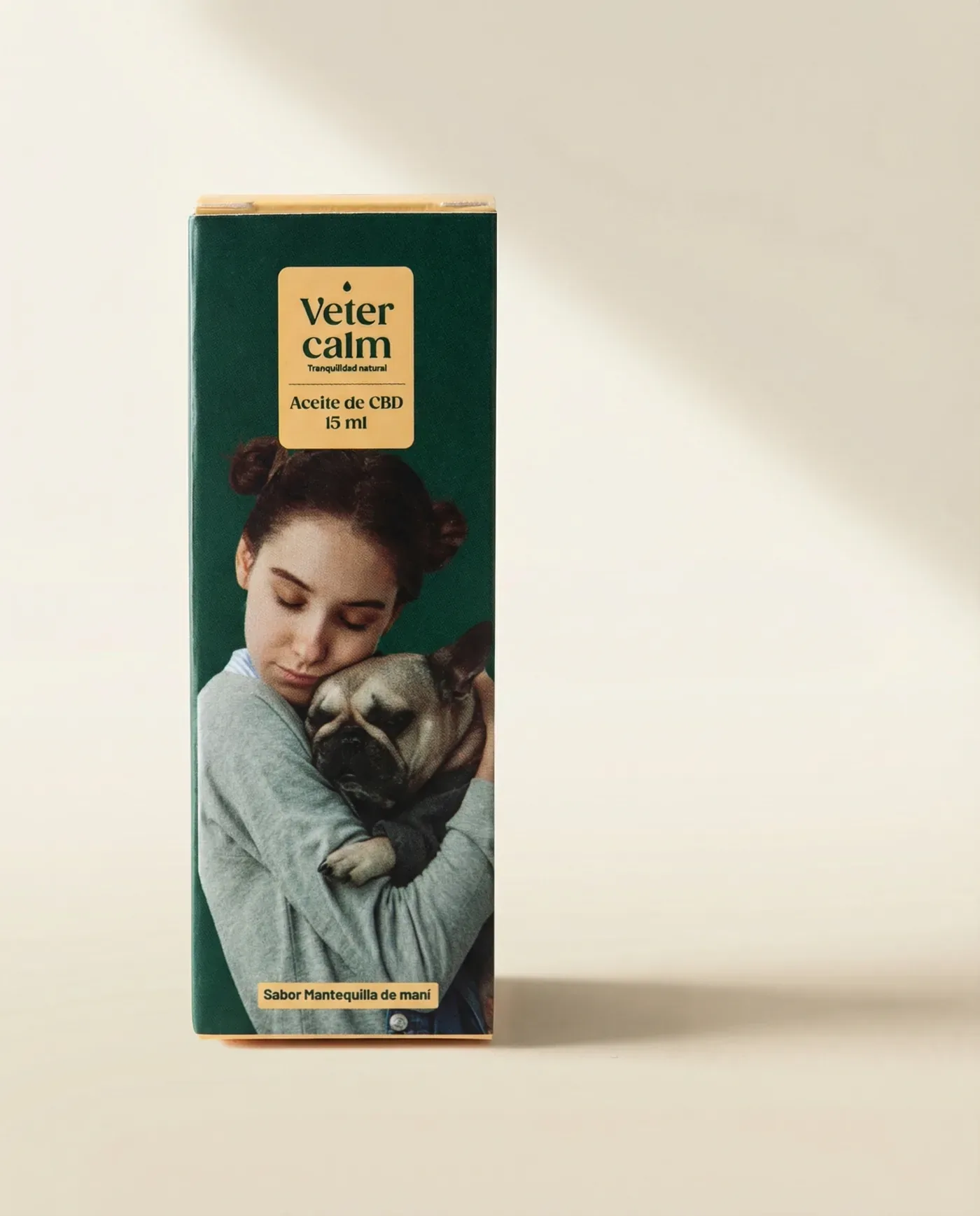 Vetercalm Dogs box with a young woman hugging a French bulldog, editorial photography on cream background